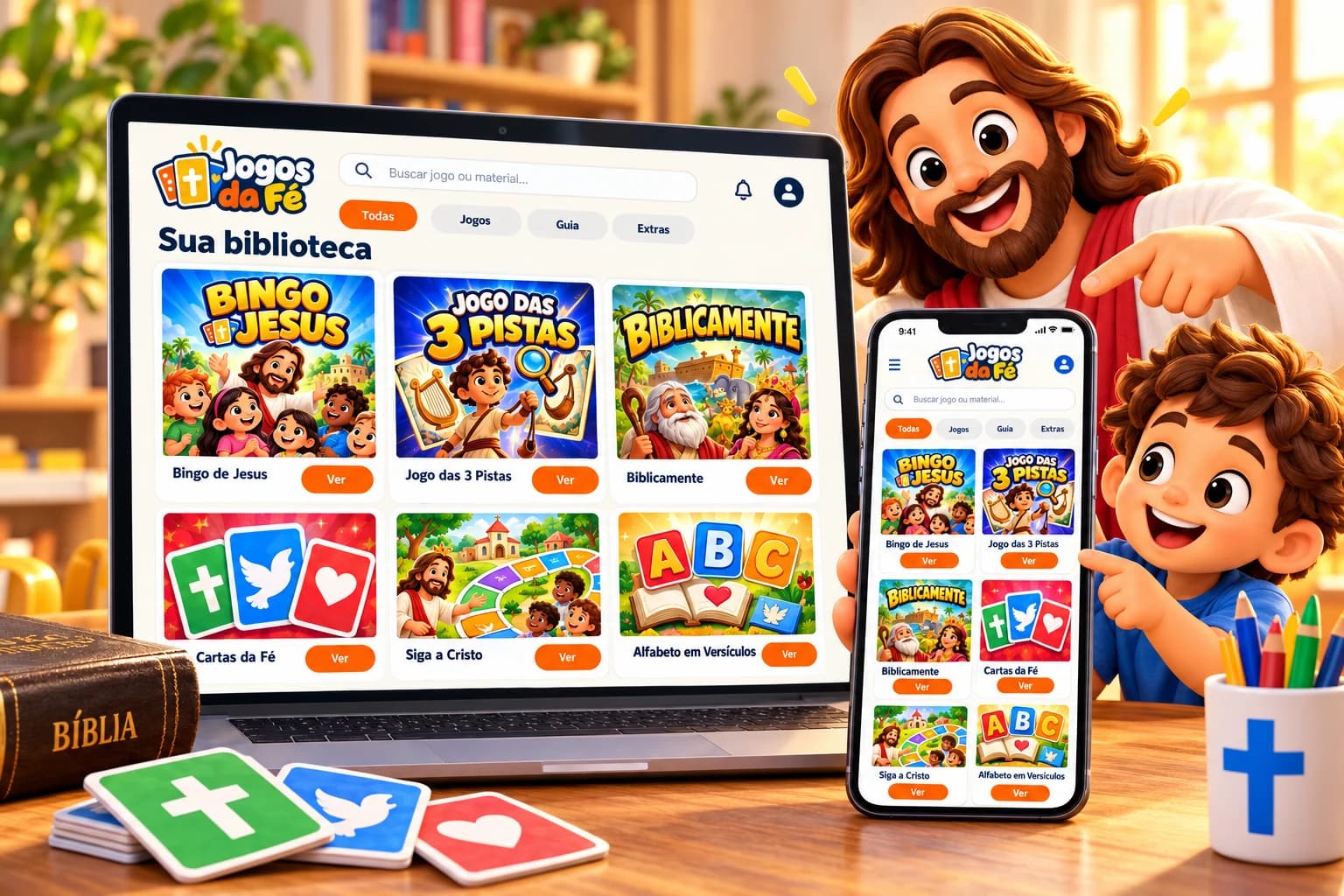 Ilustração da biblioteca Jogos da Fé no notebook e no celular, com Jesus e uma criança ao lado dos jogos bíblicos