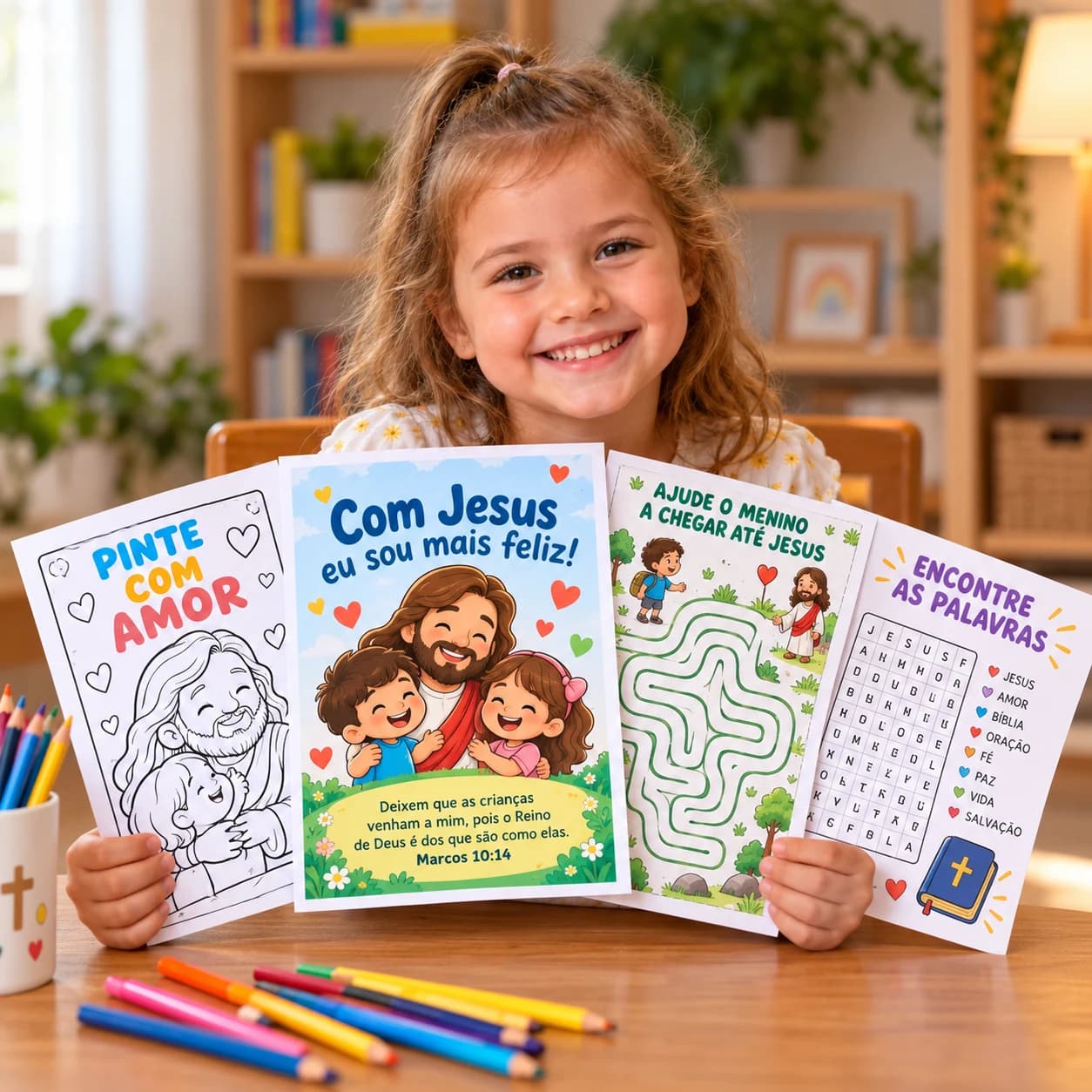 Menina mostrando atividades bíblicas para colorir, labirinto e caça-palavras