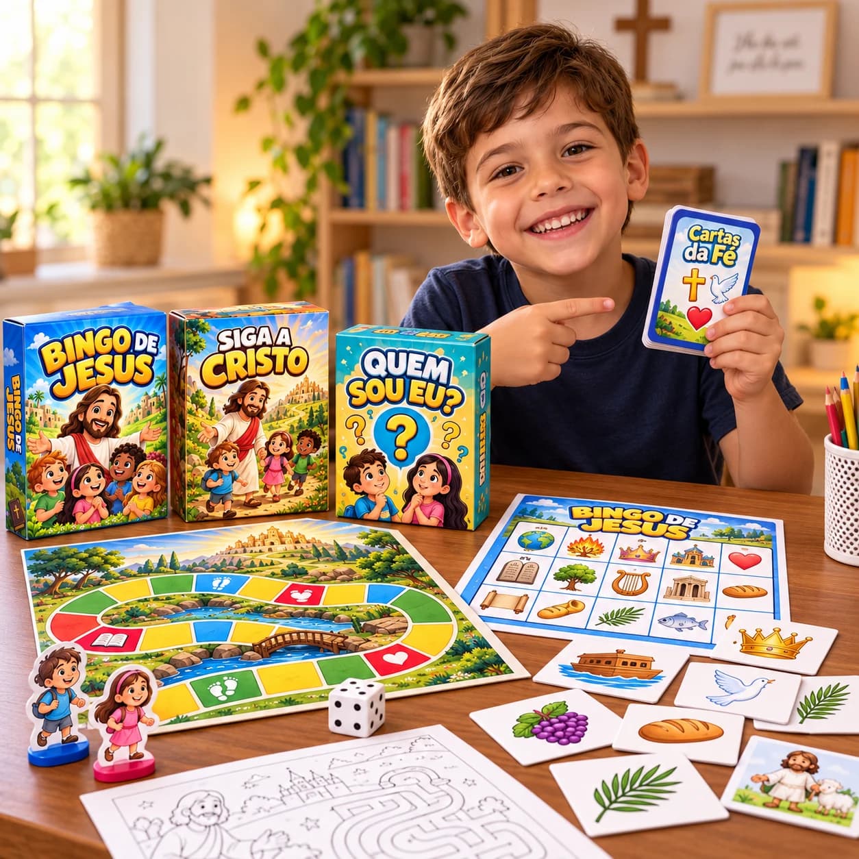 Menino com cartas da fé, bingo e jogo de tabuleiro bíblico sobre a mesa