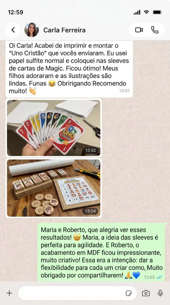 Depoimento de Carla Ferreira sobre jogos em família no WhatsApp