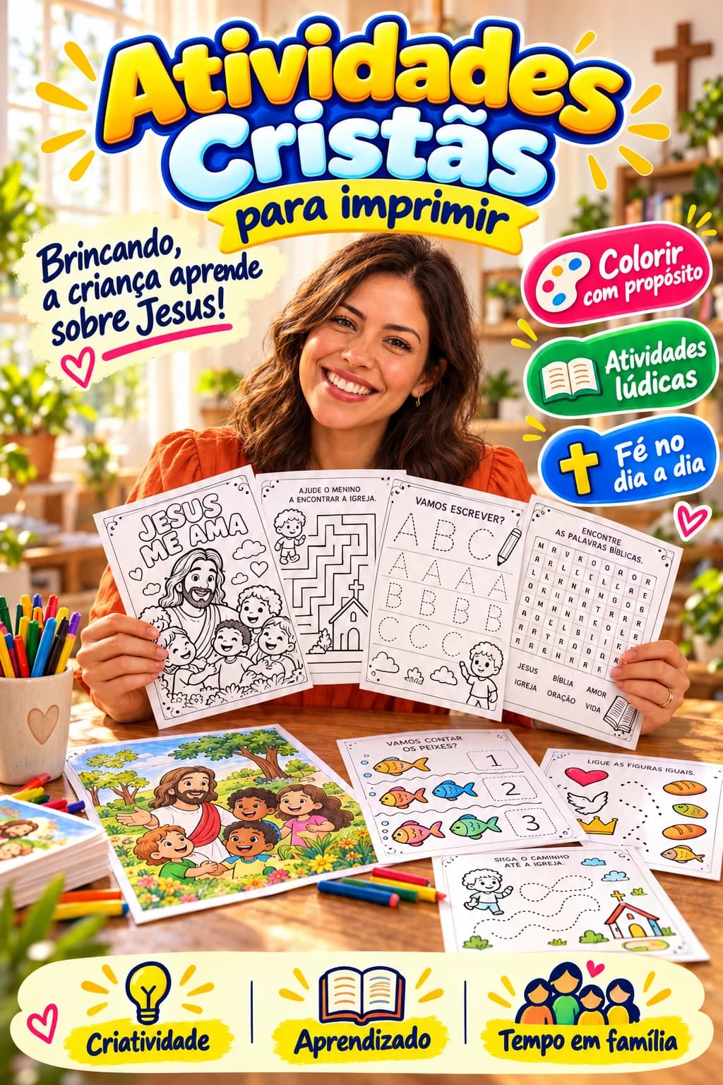 Beatriz Mendonça mostrando atividades cristãs para imprimir