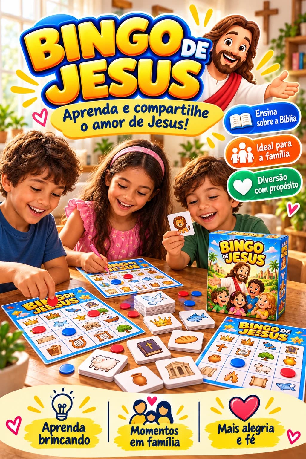 Crianças aprendendo e se divertindo com o Bingo de Jesus